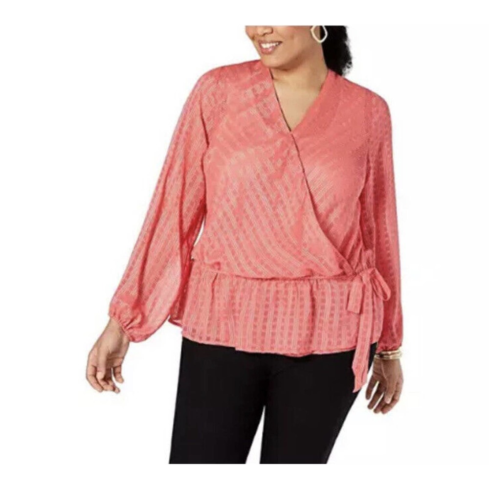 New INC Womans Size 3X Plus Blouse Pink Faux-Wrap Surplice Textured Ruched NWT